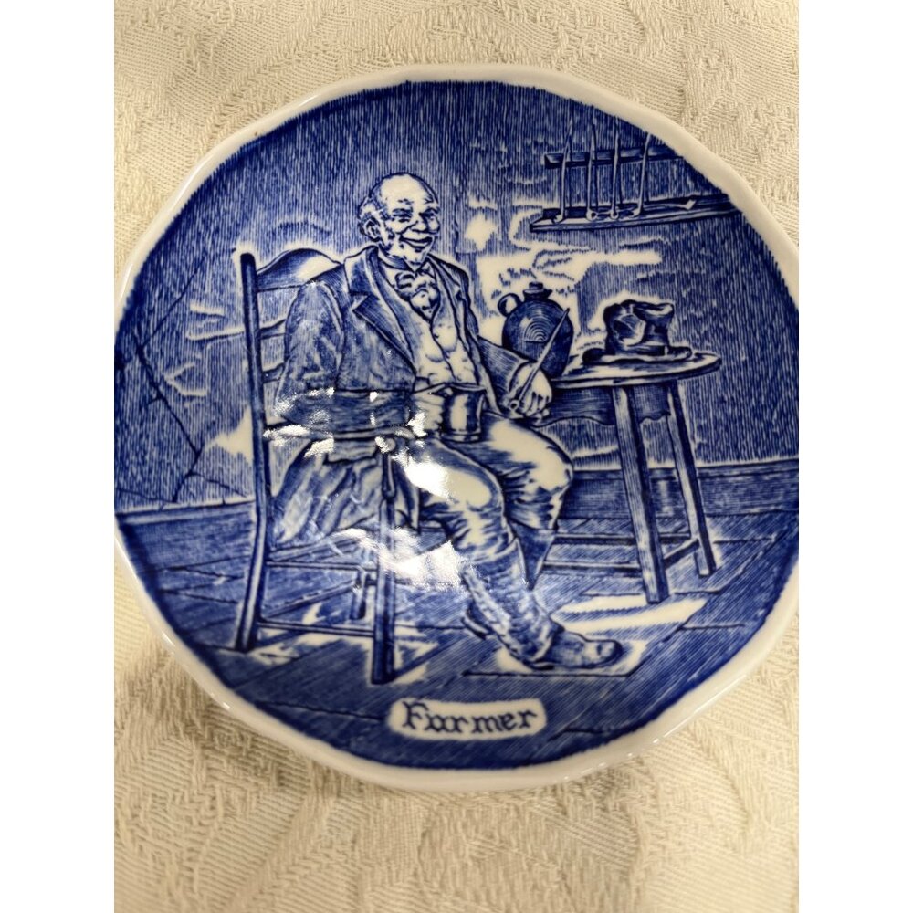 Vintage Blue & White Farmer Plate England Trade Mark 1835 Porcelain Decor